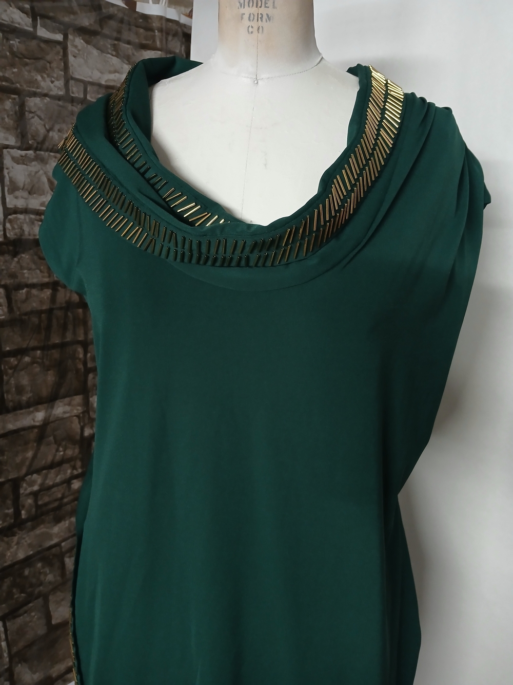 Moda International Emerald Green Cowl Neck Mini Dress with Gold Accents - Picture 2 of 9